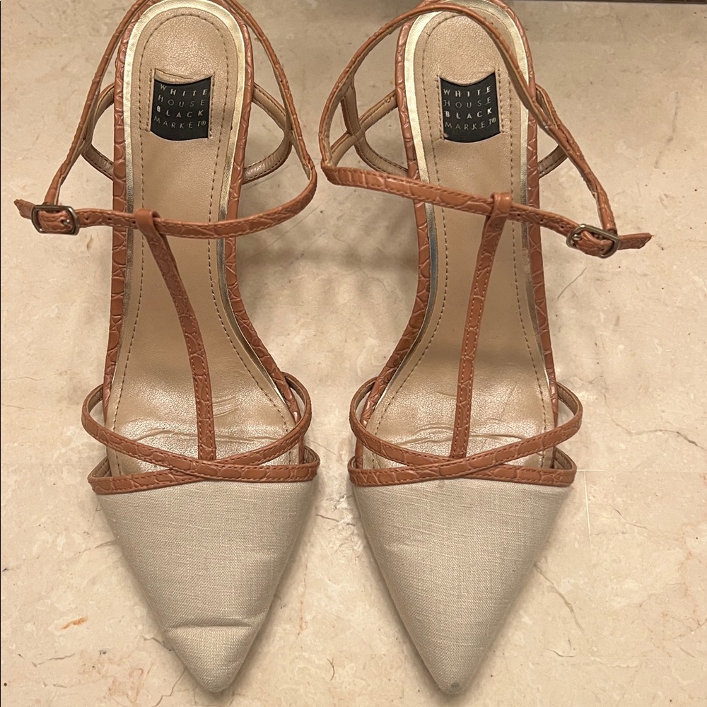 White House Black Market Tan and Cream Strappy Heels
